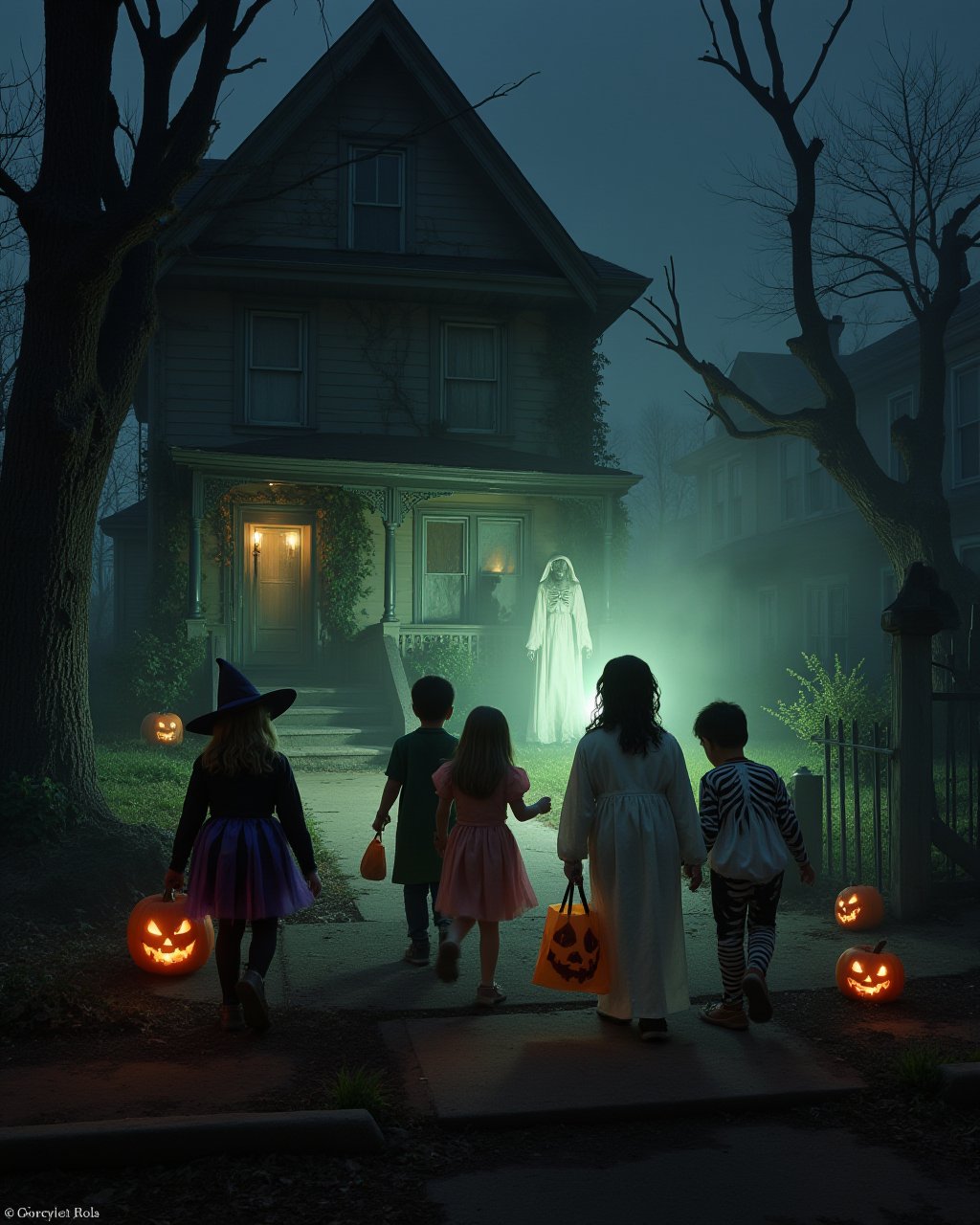 A dimly lit suburban street at dusk, where five children in Halloween costumes clutch their candy bags tightly. Their flashlight beams cut through a thick, unnatural fog that curls around their feet. The nearest house is Victorian-style with boarded windows and dead vines crawling up its facade. Through the fog, the silhouette of a tall, unnaturally thin figure can be barely seen watching from behind a dead tree. Jack-o'-lanterns flicker with eerie green light, casting distorted shadows. The children's costumes (witch, zombie, ghost, vampire, and skeleton) appear worn and unsettlingly realistic. One child points toward the house while another seems frozen in fear. The color palette is muted oranges and blues with spots of sickly green, emphasizing deep shadows. Composition is low-angle to make the house loom menacingly. Photorealistic style with horror movie lighting.