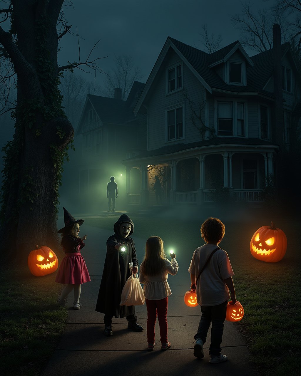 A dimly lit suburban street at dusk, where five children in Halloween costumes clutch their candy bags tightly. Their flashlight beams cut through a thick, unnatural fog that curls around their feet. The nearest house is Victorian-style with boarded windows and dead vines crawling up its facade. Through the fog, the silhouette of a tall, unnaturally thin figure can be barely seen watching from behind a dead tree. Jack-o'-lanterns flicker with eerie green light, casting distorted shadows. The children's costumes (witch, zombie, ghost, vampire, and skeleton) appear worn and unsettlingly realistic. One child points toward the house while another seems frozen in fear. The color palette is muted oranges and blues with spots of sickly green, emphasizing deep shadows. Composition is low-angle to make the house loom menacingly. Photorealistic style with horror movie lighting.