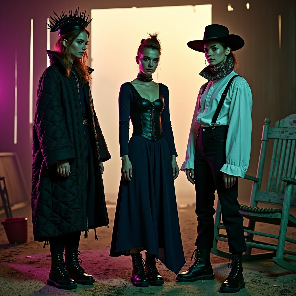 Twilight descends upon the abandoned barn,  casting a warm golden glow amidst the foggy atmosphere. Three models embody Am...