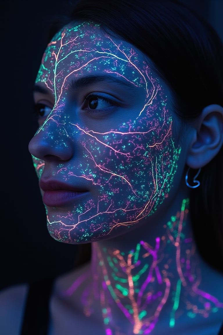 Sony A7R IV, 85mm f/1.4 lens, soft diffused lighting, ISO 200, with a focus on vibrant colors and intricate details.
A high-quality, **bioluminescent mask**, intricately designed to visually indicate the wearer's **respiratory health** through a dynamic, colorful light display. The mask fits snugly around the wearer's face, its surface covered in an elaborate pattern of **bioluminescent veins and filaments** that glow with a range of vivid hues—deep blues, bright greens, soft purples, and pulsing reds—each color changing in response to the user's breath and health status.
The mask is crafted from a sleek, **translucent material** that resembles both **organic tissue** and futuristic technology, giving it an ethereal, almost otherworldly appearance. The light patterns on the mask shift and pulse gently, reacting to the rhythm of the wearer's breathing, with brighter, calming colors appearing when the user’s breath is steady and deeper, more intense hues when the breath becomes rapid or irregular.
The **bioluminescent design** is intricate and detailed, with **delicate patterns of light** flowing across the mask's surface, creating a sense of movement and life. The veins of light branch out like glowing capillaries, their colors constantly evolving, providing a real-time visual indicator of respiratory health. As the user inhales, the lights expand outward, glowing in soft blues and greens, while during exhalation, they contract to deeper shades of violet and indigo, creating a dynamic, interactive experience.
The camera focuses on the **mask's structure**, capturing the way the **translucent material** and bioluminescent patterns interact with the contours of the wearer’s face, softly illuminating their skin. The light from the mask highlights the wearer's eyes and cheekbones, adding a gentle glow to their features while emphasizing the connection between the mask and the human form.
The background is softly blurred, keeping the focus solely on the **mask and its mesmerizing light display**, while the **Sony A7R IV** and **85mm lens** bring out the fine details of the mask's texture, the glow of the bioluminescent elements, and the way they adapt to each breath. The lighting is soft and diffused, allowing the vivid colors of the mask to stand out against the gentle shadows, creating a sense of depth and dimension.
The overall effect is both **futuristic and organic**, blending advanced technology with natural beauty, as the bioluminescent mask acts not just as a health device but also as a living, breathing piece of art that seamlessly integrates with the wearer's face.