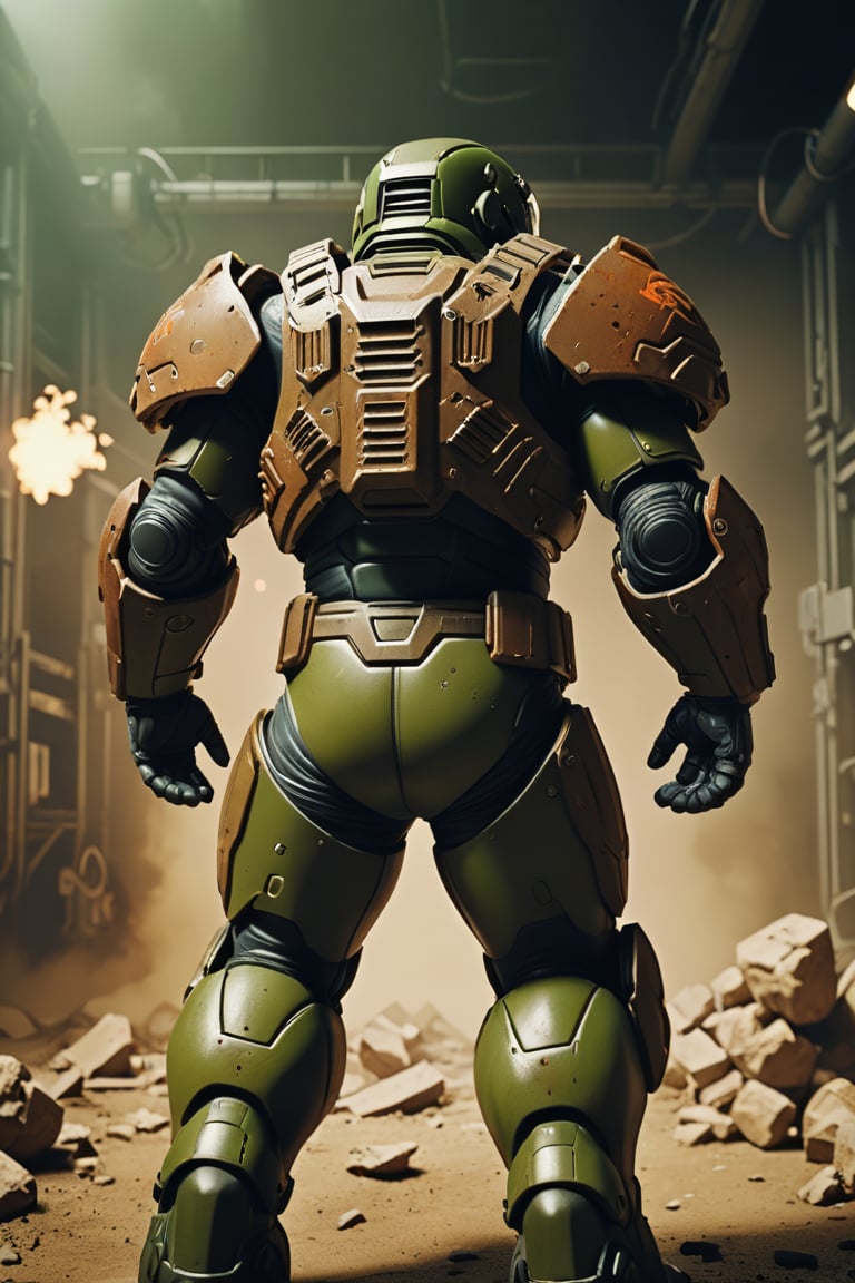 a doomguy, standing on action. analog photo,From behind