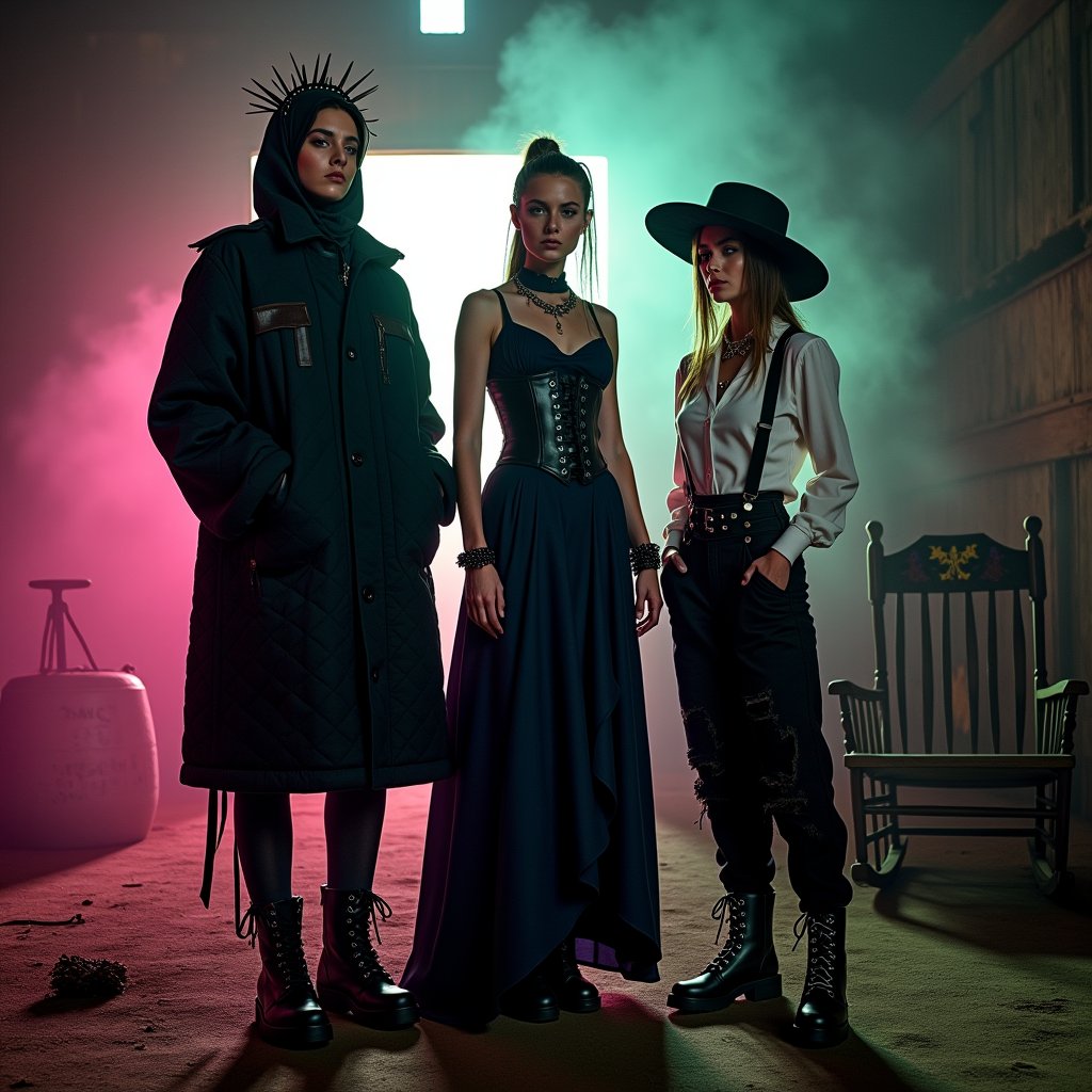 Twilight descends upon the abandoned barn,  casting a warm golden glow amidst the foggy atmosphere. Three models embody Am...
