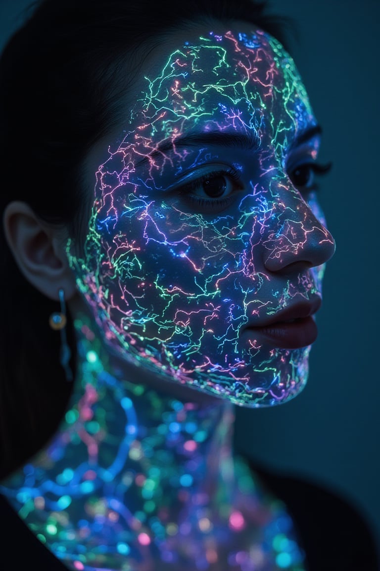 Sony A7R IV, 85mm f/1.4 lens, soft diffused lighting, ISO 200, with a focus on vibrant colors and intricate details.
A high-quality, **bioluminescent mask**, intricately designed to visually indicate the wearer's **respiratory health** through a dynamic, colorful light display. The mask fits snugly around the wearer's face, its surface covered in an elaborate pattern of **bioluminescent veins and filaments** that glow with a range of vivid hues—deep blues, bright greens, soft purples, and pulsing reds—each color changing in response to the user's breath and health status.
The mask is crafted from a sleek, **translucent material** that resembles both **organic tissue** and futuristic technology, giving it an ethereal, almost otherworldly appearance. The light patterns on the mask shift and pulse gently, reacting to the rhythm of the wearer's breathing, with brighter, calming colors appearing when the user’s breath is steady and deeper, more intense hues when the breath becomes rapid or irregular.
The **bioluminescent design** is intricate and detailed, with **delicate patterns of light** flowing across the mask's surface, creating a sense of movement and life. The veins of light branch out like glowing capillaries, their colors constantly evolving, providing a real-time visual indicator of respiratory health. As the user inhales, the lights expand outward, glowing in soft blues and greens, while during exhalation, they contract to deeper shades of violet and indigo, creating a dynamic, interactive experience.
The camera focuses on the **mask's structure**, capturing the way the **translucent material** and bioluminescent patterns interact with the contours of the wearer’s face, softly illuminating their skin. The light from the mask highlights the wearer's eyes and cheekbones, adding a gentle glow to their features while emphasizing the connection between the mask and the human form.
The background is softly blurred, keeping the focus solely on the **mask and its mesmerizing light display**, while the **Sony A7R IV** and **85mm lens** bring out the fine details of the mask's texture, the glow of the bioluminescent elements, and the way they adapt to each breath. The lighting is soft and diffused, allowing the vivid colors of the mask to stand out against the gentle shadows, creating a sense of depth and dimension.
The overall effect is both **futuristic and organic**, blending advanced technology with natural beauty, as the bioluminescent mask acts not just as a health device but also as a living, breathing piece of art that seamlessly integrates with the wearer's face.