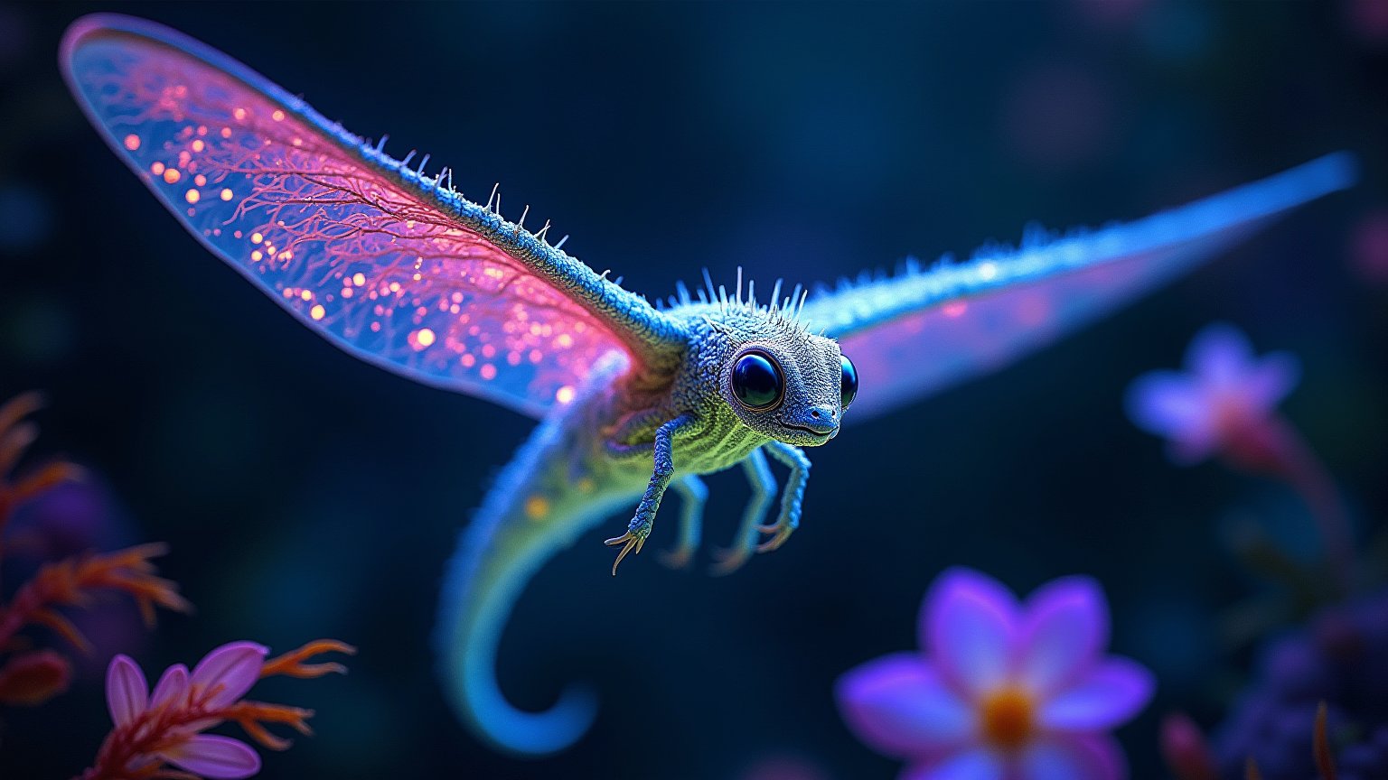 A majestic Braided Glider floats effortlessly amidst the dark,  bioluminescent sky of its alien planet,  framing shot with...