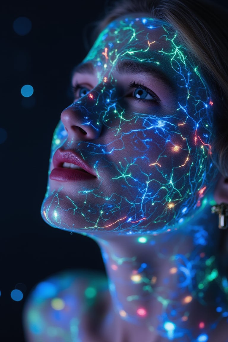 Sony A7R IV, 85mm f/1.4 lens, soft diffused lighting, ISO 200, with a focus on vibrant colors and intricate details.
A high-quality, **bioluminescent mask**, intricately designed to visually indicate the wearer's **respiratory health** through a dynamic, colorful light display. The mask fits snugly around the wearer's face, its surface covered in an elaborate pattern of **bioluminescent veins and filaments** that glow with a range of vivid hues—deep blues, bright greens, soft purples, and pulsing reds—each color changing in response to the user's breath and health status.
The mask is crafted from a sleek, **translucent material** that resembles both **organic tissue** and futuristic technology, giving it an ethereal, almost otherworldly appearance. The light patterns on the mask shift and pulse gently, reacting to the rhythm of the wearer's breathing, with brighter, calming colors appearing when the user’s breath is steady and deeper, more intense hues when the breath becomes rapid or irregular.
The **bioluminescent design** is intricate and detailed, with **delicate patterns of light** flowing across the mask's surface, creating a sense of movement and life. The veins of light branch out like glowing capillaries, their colors constantly evolving, providing a real-time visual indicator of respiratory health. As the user inhales, the lights expand outward, glowing in soft blues and greens, while during exhalation, they contract to deeper shades of violet and indigo, creating a dynamic, interactive experience.
The camera focuses on the **mask's structure**, capturing the way the **translucent material** and bioluminescent patterns interact with the contours of the wearer’s face, softly illuminating their skin. The light from the mask highlights the wearer's eyes and cheekbones, adding a gentle glow to their features while emphasizing the connection between the mask and the human form.
The background is softly blurred, keeping the focus solely on the **mask and its mesmerizing light display**, while the **Sony A7R IV** and **85mm lens** bring out the fine details of the mask's texture, the glow of the bioluminescent elements, and the way they adapt to each breath. The lighting is soft and diffused, allowing the vivid colors of the mask to stand out against the gentle shadows, creating a sense of depth and dimension.
The overall effect is both **futuristic and organic**, blending advanced technology with natural beauty, as the bioluminescent mask acts not just as a health device but also as a living, breathing piece of art that seamlessly integrates with the wearer's face.