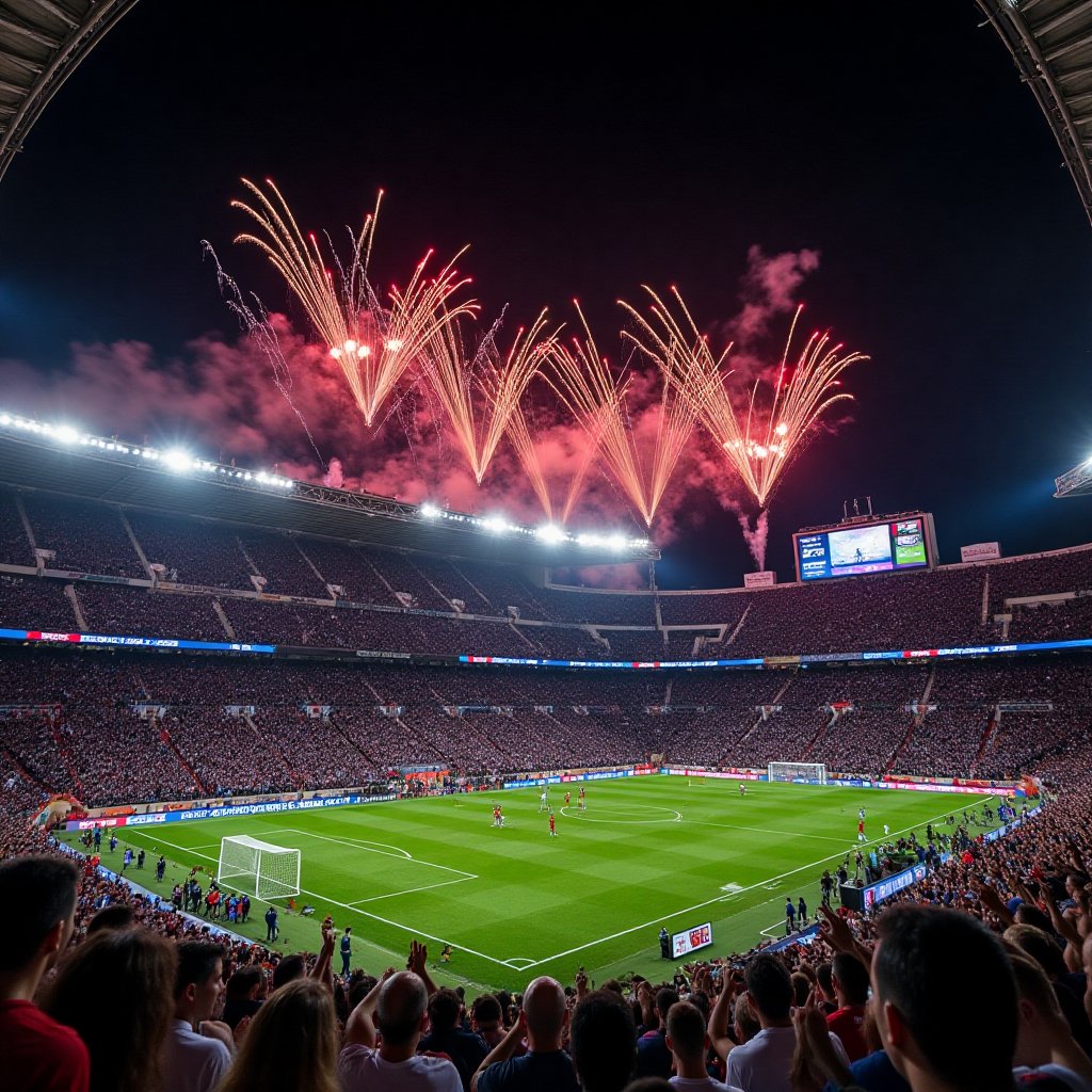 A long exposure captures the vibrant lights of a nighttime soccer match at a massive stadium,  with the grandstand stretch...