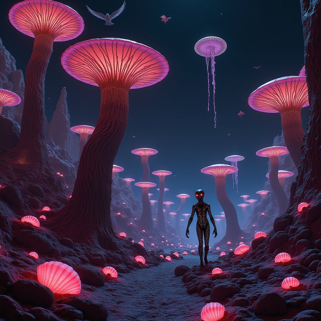 A breathtaking,  otherworldly landscape reveals an alien planet with a surreal and captivating atmosphere. Rich hues of re...