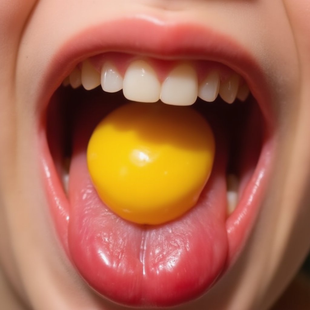 Close-up shot of a bright yellow candy deep within the wet, pink-lined interior of an unsuspecting young girl's open mouth. Soft focus on the surrounding tongue and gums, with shallow depth of field to emphasize the sugary treat's vibrant color and sticky texture. parted lips