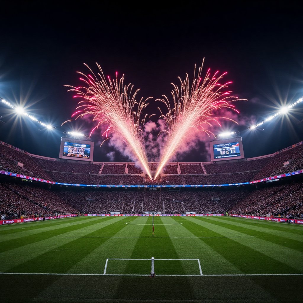 A sweeping long-exposure shot of a nighttime soccer game at a massive stadium,  the bright lights and pulsing energy of th...