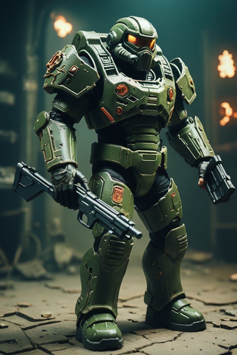 a phnkll doomguy, standing on action. analog photo