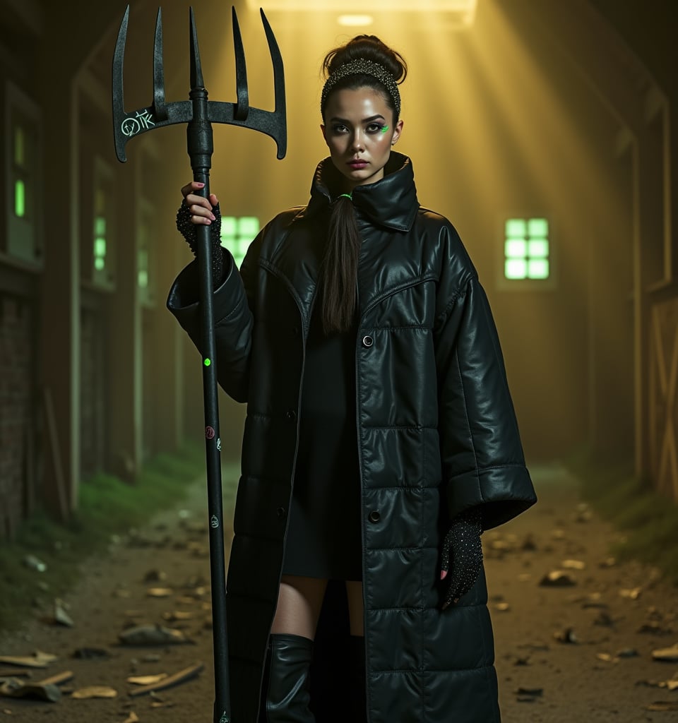 Fashion photoshoot in abandoned barn. Woman wearing oversized black quilt coat with leather lapels and cuffs. Quilting pat...