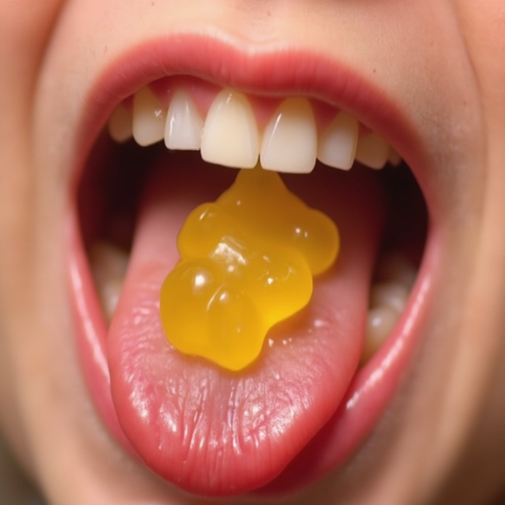 Close-up shot of a bright yellow gummy bear deep within the wet, pink-lined interior of an unsuspecting young girl's open mouth. Soft focus on the surrounding tongue and gums, with shallow depth of field to emphasize the sugary treat's vibrant color and sticky texture. parted lips