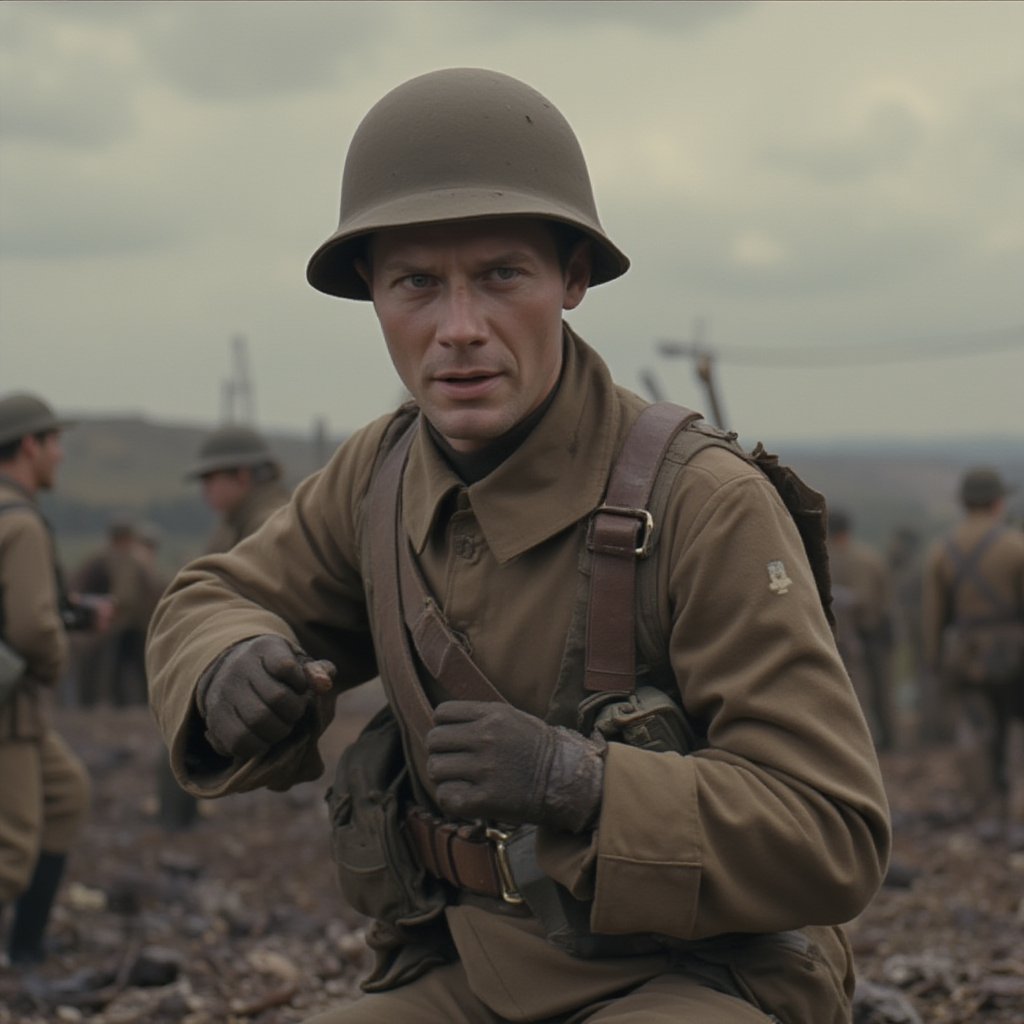 Clmnt character standing as a british soldier in the battlefield of WW2, analog photo, action scene