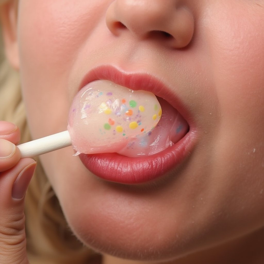 A tight close-up captures the girl's plump lips wrapped around the sugary treat, the vibrant colors of the lollipop standing out against her soft pink mouth. The camera lens is inches from her face, emphasizing the juicy texture and tantalizing aroma wafting from the sweet indulgence.