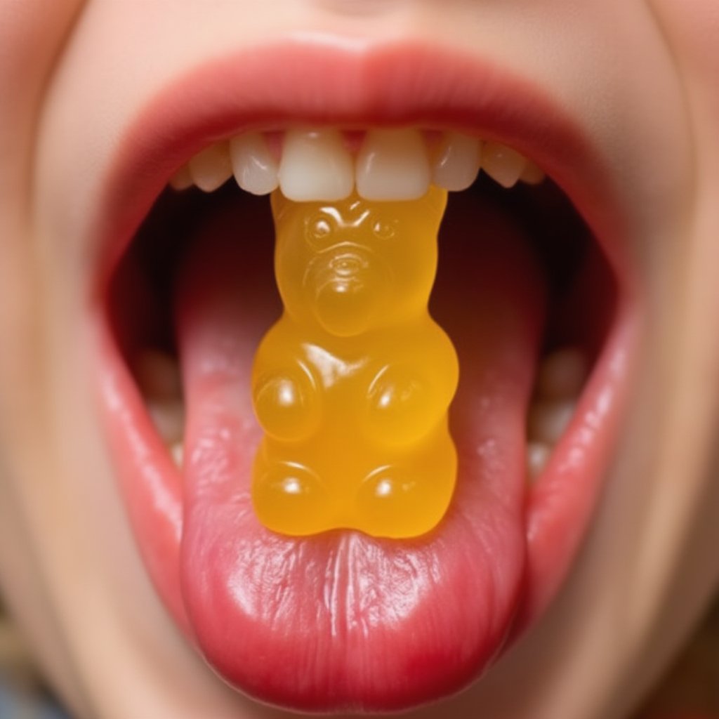 Close-up shot of a bright yellow gummy bear deep within the wet, pink-lined interior of an unsuspecting young girl's open mouth. Soft focus on the surrounding tongue and gums, with shallow depth of field to emphasize the sugary treat's vibrant color and sticky texture. parted lips