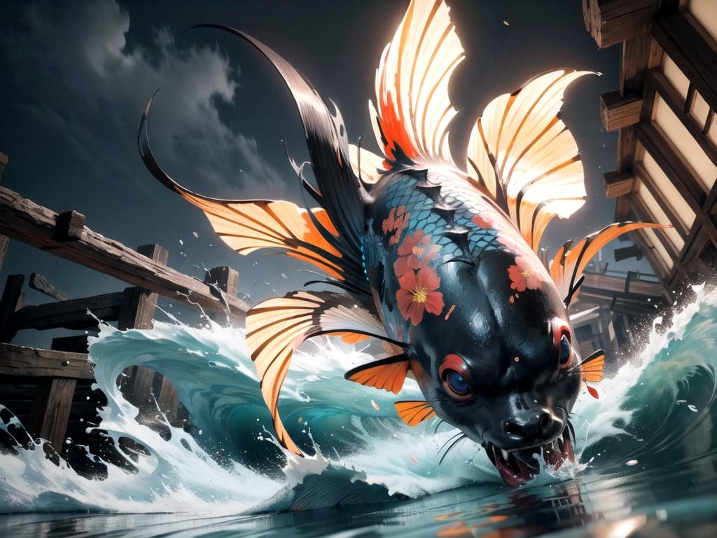 detailed, Wide shot, huge colorful Japanese koi fish swimming at camera through japanese tsunami style waves, old Japanese town in background, 3D Game Cinematic Feel, Epic 3D Videogame Graphics, Intricately Detailed, 8K Resolution, Dynamic Lighting, Unreal Engine 5, CryEngine, Trending on ArtStation, HDR, 3D Masterpiece, Unity Render, Perfect Composition, cinimatic lighting