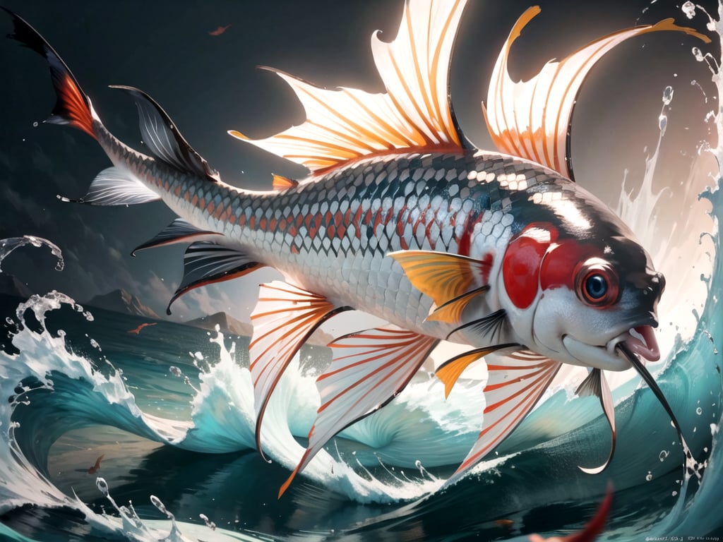 detailed, Wide shot, huge colorful Japanese koi fish swimming toward camera, through japanese tsunami style waves, Japanese background, 3D Game Cinematic Feel, Epic 3D Videogame Graphics, Intricately Detailed, 8K Resolution, Dynamic Lighting, Unreal Engine 5, CryEngine, Trending on ArtStation, HDR, 3D Masterpiece, Unity Render, Perfect Composition, cinimatic lighting