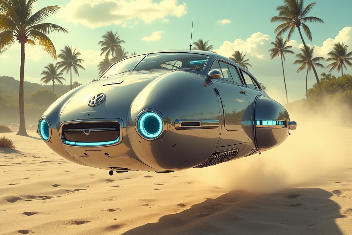 A retro-futuristic VW camper flying hover ship soars above the sandy beach, its blue glowing antigravity pads aglow as it hovers 4 feet off the ground. Palm trees sway gently in the background, their leaves rustling softly in the breeze. The ship's gleaming metallic surface reflects the warm sunlight, while dynamic lighting casts a radiant glow on the surrounding environment. Intricate details and textures abound, from the ship's vintage-inspired dashboard to the beach's fine grains of sand. In this 3D cinematic masterpiece, Unreal Engine 5 or CryEngine brings the scene to life with unparalleled 8K resolution.