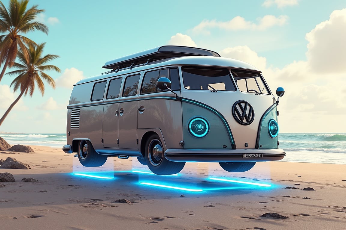 Detailed redesigned futuristic concept take on a retro futuristic 2050 VW camper flying hover van that which is longer and wider it has no tire's, blue glowing antigravity pads under vehicle it's hovering 4'ft above the ground,  on the beach with palm trees in the background 3D Game Cinematic Feel, Epic 3D Videogame Graphics, Intricately Detailed, 8K Resolution, Dynamic Lighting, Unreal Engine 5, CryEngine, masterpiece,best quality,official art, extremely detailed CG unity 8k wallpaper,absurdres,8k resolution,Cinematic Lighting, no tires