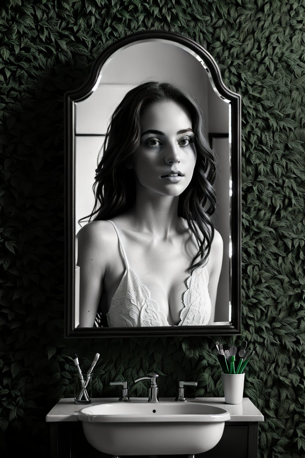 album cover, black and white, realistic photography, woman looking in the mirror, her reflection is another person.  green walls.  Master piece, super detailed.  8k