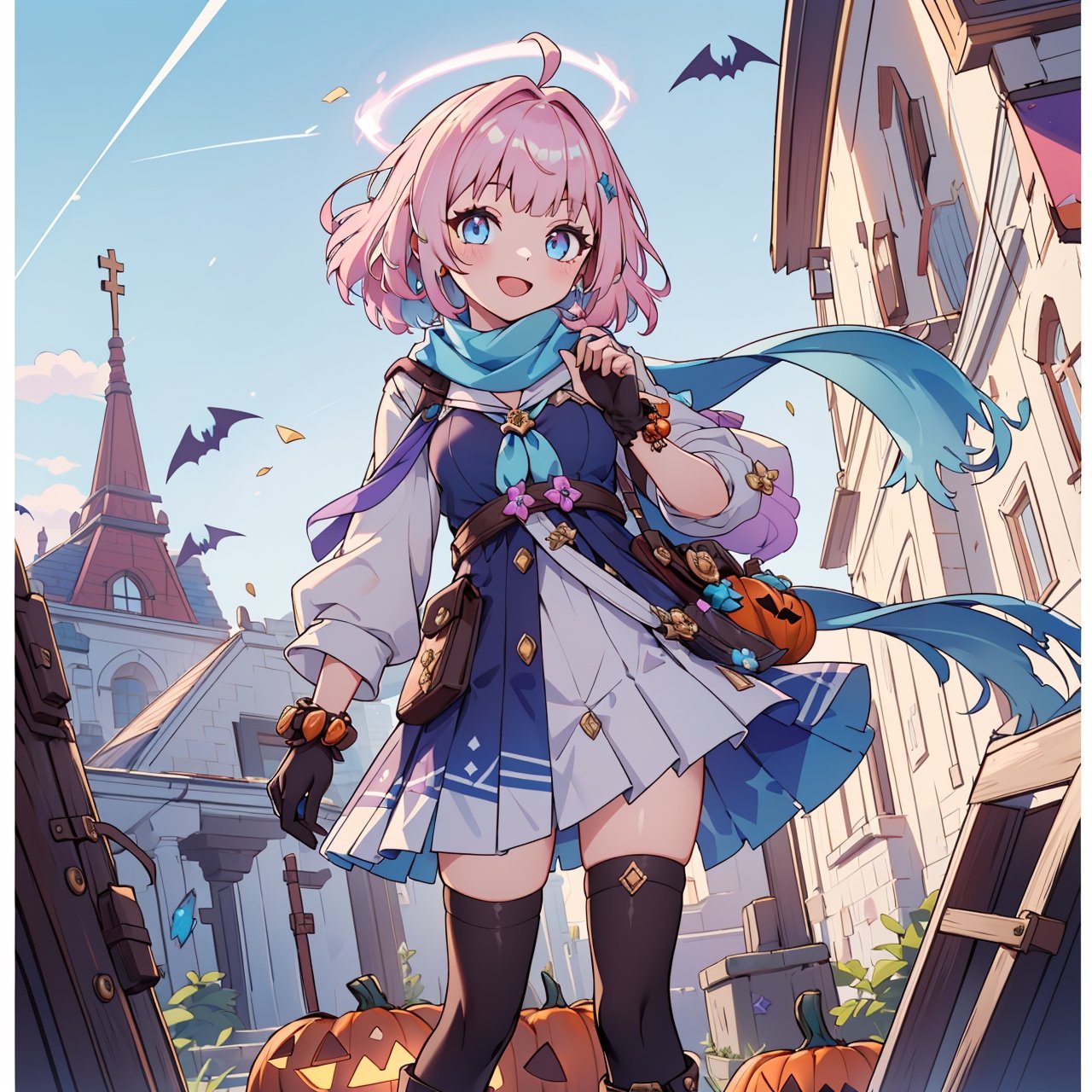 (masterpiece, top quality, best quality, official art, beautiful and aesthetic:1.2),(1girl:1.4) multicolored_eyes, pink hair,holding a pumpkin, ((masterpiece)), absurdres, happy, smile, ;D, yumemi riamu, blue hair, pink hair,cosplay of adventure girl costume, hot pink and blue hair, short hair, blue eyes, (wear light blue, brown, and ocrer:1.5), leather boots, leather gloves, bracelet, strapless, white blouse, light blue scarf, style genshin impact, , Instagrammable, cute features, cute pose, adorable girl, kawaii,riamu, (turquoise jewelry with gold details, gold details) ,ahoge,,AGGA_ST004 , (hair in the wind,, long scarf,:1.4),, ,solo, smiling, looking at viewer, (background a cemitery tematic for haloween:1.3),