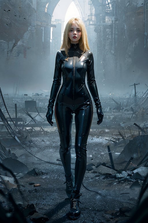 a 20 yo woman, blonde, (full body), dark theme, soothing tones, muted colors, high contrast, (natural skin texture, hyperrealism, soft light, sharp),weiboZH,latex bikesuit,3DMM