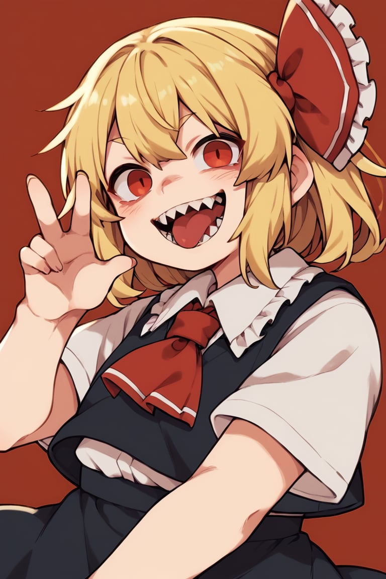 score_9, score_8_up, score_7_up, 1girl, rumia, black vest, white shirt, black skirt, blonde hair, red eyes, red ascot, hair ribbon, collared shirt, sharp teeth, open mouth, teeth, smile, grin, tongue, looking at viewer, rattakoi_(style), (embedding:DeepNegativev1:1.1)