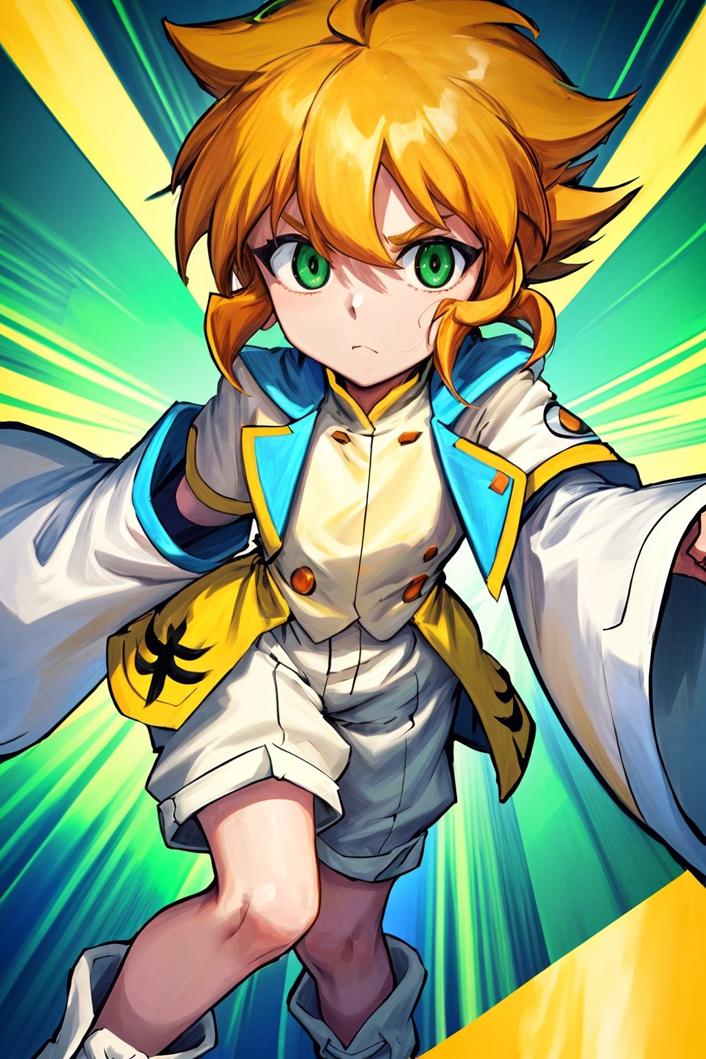 yutendo, 1boy, solo, yellow shirt, white tunic (sky blue sleeve ends), green eyes, orange hair, fluffy hair, pale skin, white shorts (knee-length), lapels with lime green markings, white boots (mid-calf length), close-up, apathetic face, looking at viewer, best quality, amazing quality, very aesthetic, absurdres