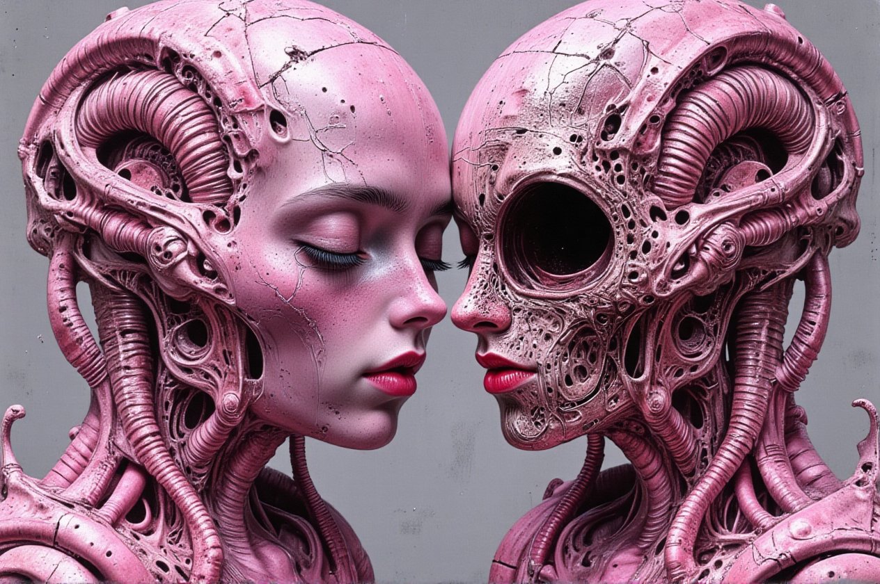 A hyperdetailed photorealistic image of 2 female AI, with its body composed of interlocking ceramic plates. Some of the plates have been removed, revealing the face of a young girl underneath. The skin of the young female is purple colored, while the ceramic plates remain pink. pink hair, red lipstick,#giger,style of H. R. Giger