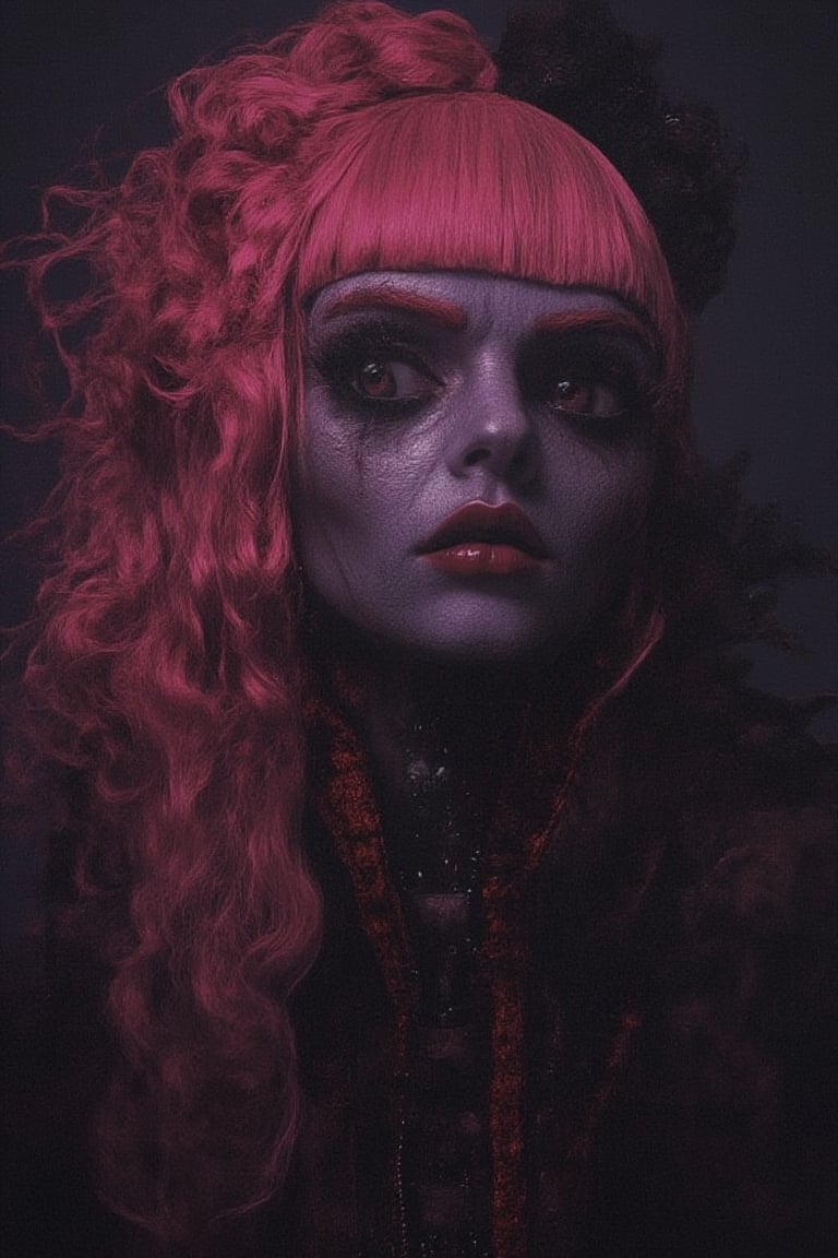 Super detailed, super realistic, beautiful purple skinned girl with long curly pink hair and blunt bangs, red lipstick,
 Wearing a sexy goth corset, almond eyes, ((over-sized eyes)),aidmaabdhr,jntsmoscuro