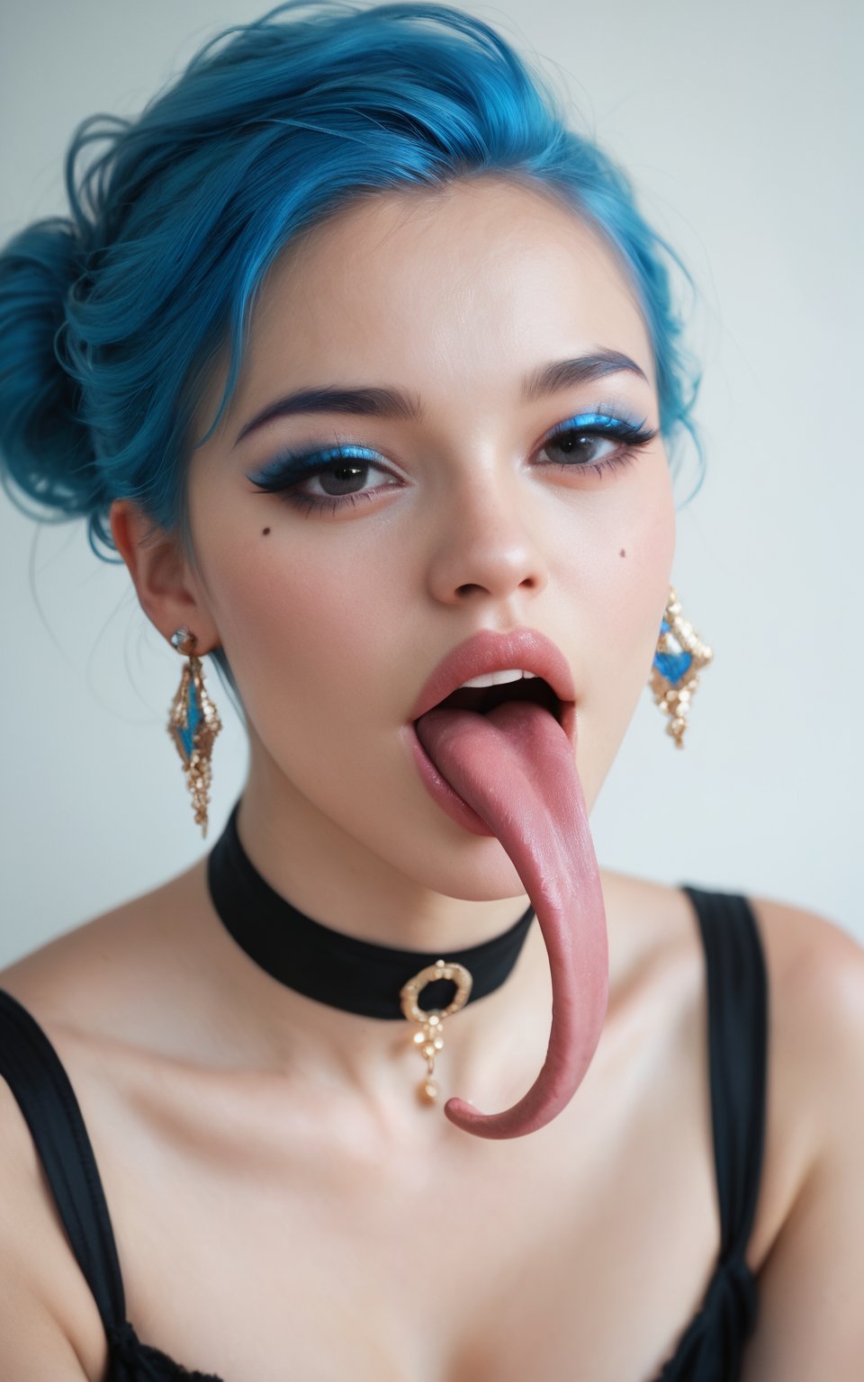 score_9,score_8_up,score_7_up,Kyary Pamyu Pamyu's fusion with 20-year-old Angel Olsen, open mouth, jewelry, blue hair, earrings, teeth, choker, tongue, tongue out, mole, black eyes, black choker, makeup, portrait, realistic, long tongue