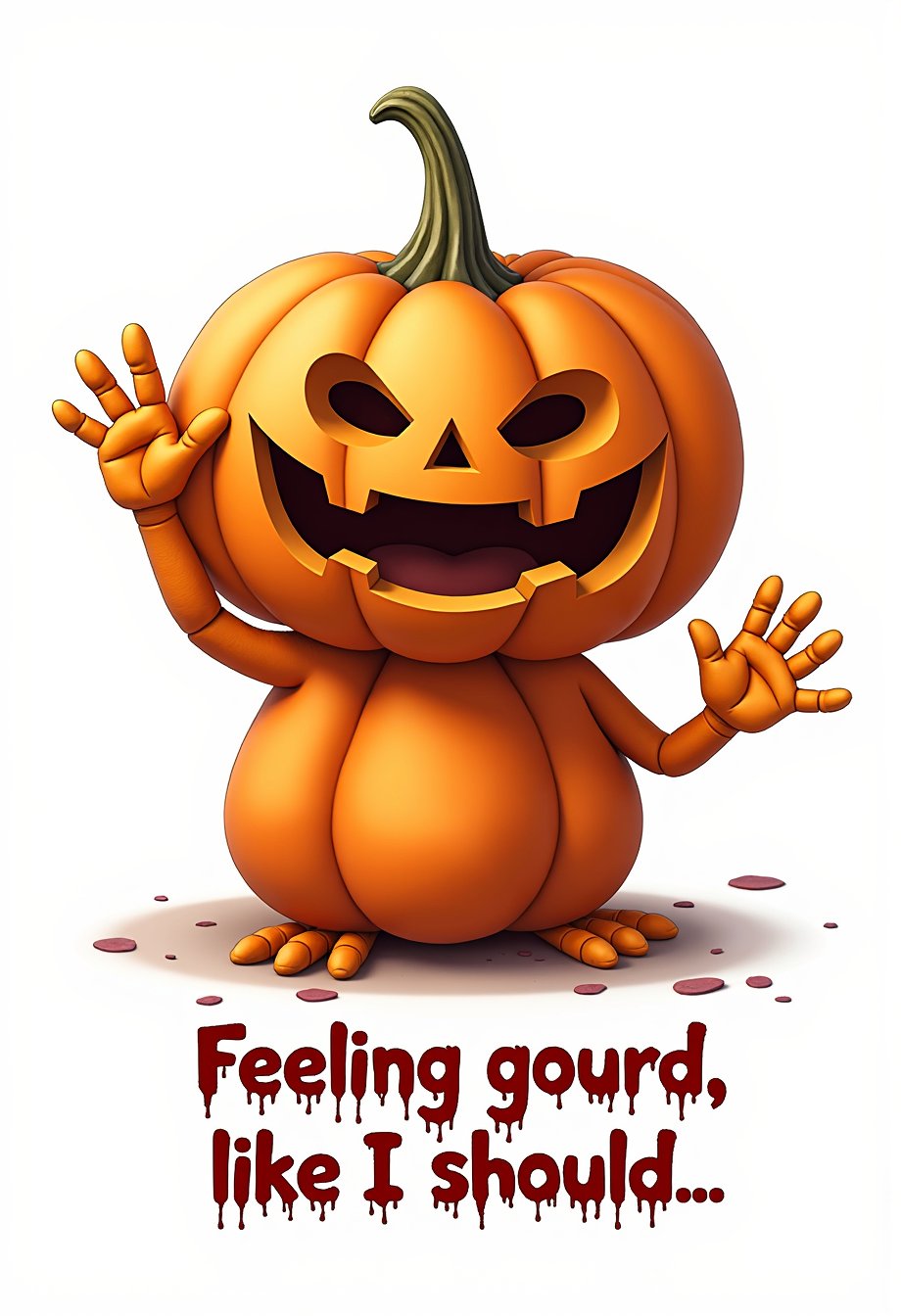 a pumpkin-headed creature, looking straight at the camera and making the Ok sign with his hand, with the bottom text "Feeling gourd, like I should" in bloody letters. Isolated on white background. 