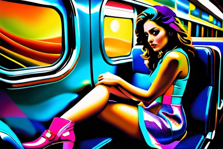 vivid, beautiful, colorful, Perisan color palete, a persian young girl is sitting on a train, her legs sticking out, in the style of futuristic psychedelia, swirling vortexes, Best quality, masterpiece, ultra high res, (photorealistic:1.4), raw photo, swirling vortexes, sculptural costumes, photorealistic scenes