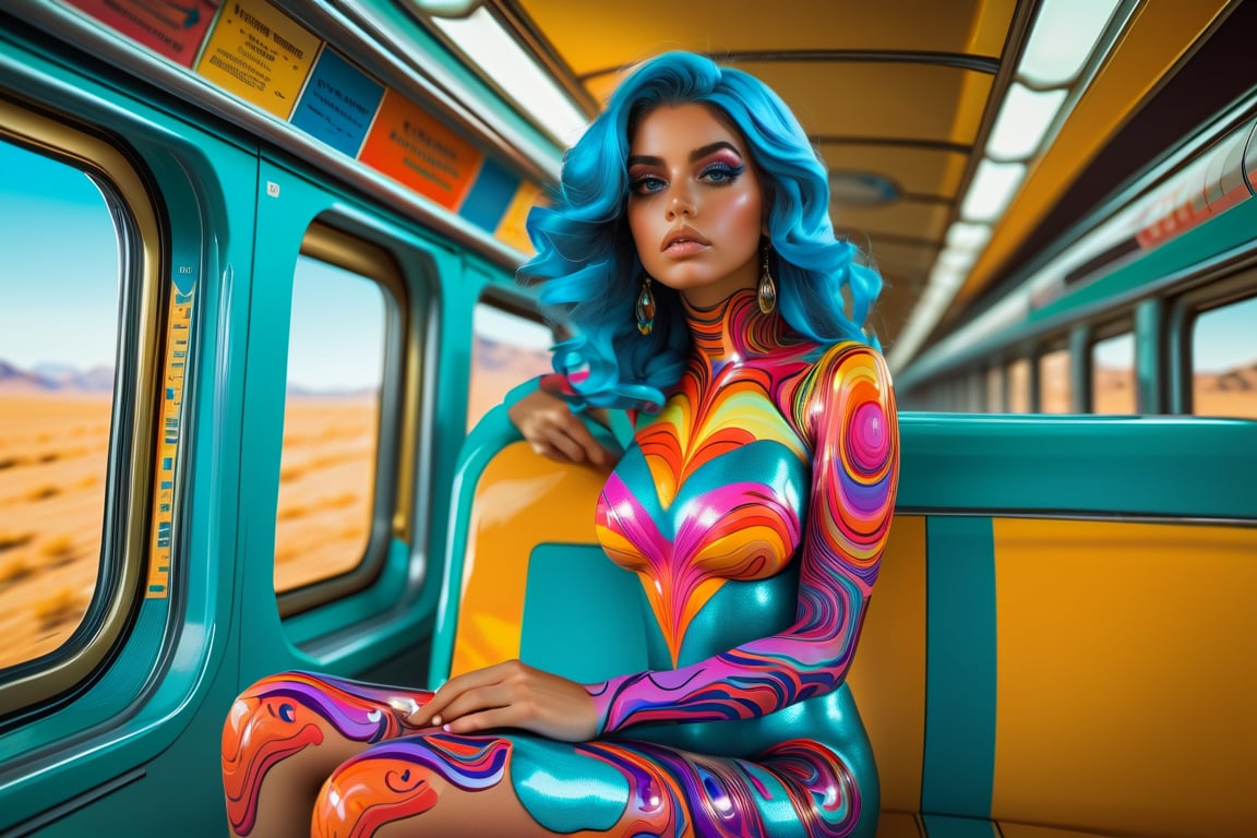 vivid, beautiful, colorful, Perisan color palete, a persian young girl is sitting on a train, her legs sticking out, in the style of futuristic psychedelia, swirling, Best quality, masterpiece, ultra high res, (photorealistic:1.4), raw photo, swirling vortexes, sculptural costumes, photorealistic scenes,xxmix girl woman,Movie Still,Film Still,greg rutkowski