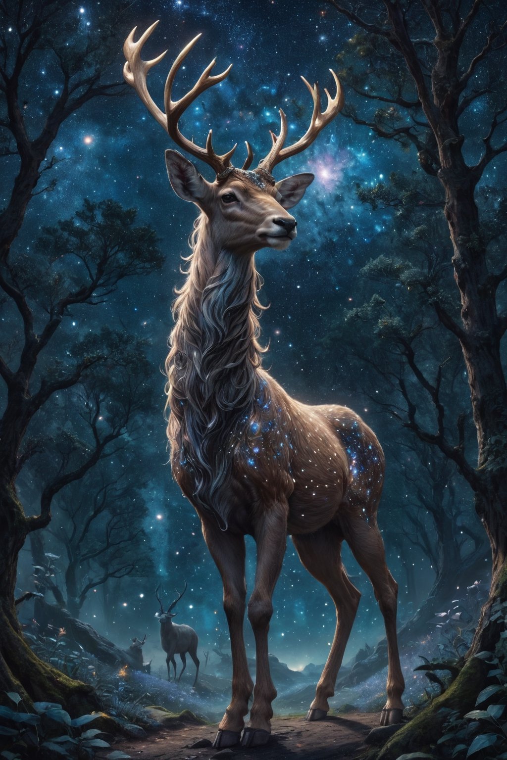 Persian , Generate hyper realistic image of a stardust faun with antlers adorned in cosmic constellations, standing as a guardian at the threshold of a celestial grove. The faun's presence should exude a sense of cosmic protection, surrounded by the magic of the astral woodland.