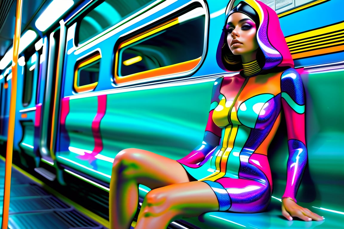 vivid, beautiful, colorful, Perisan color palete, a persian young girl is sitting on a train, her legs sticking out, in the style of futuristic psychedelia, swirling vortexes, Best quality, masterpiece, ultra high res, (photorealistic:1.4), raw photo, swirling vortexes, sculptural costumes, photorealistic scenes