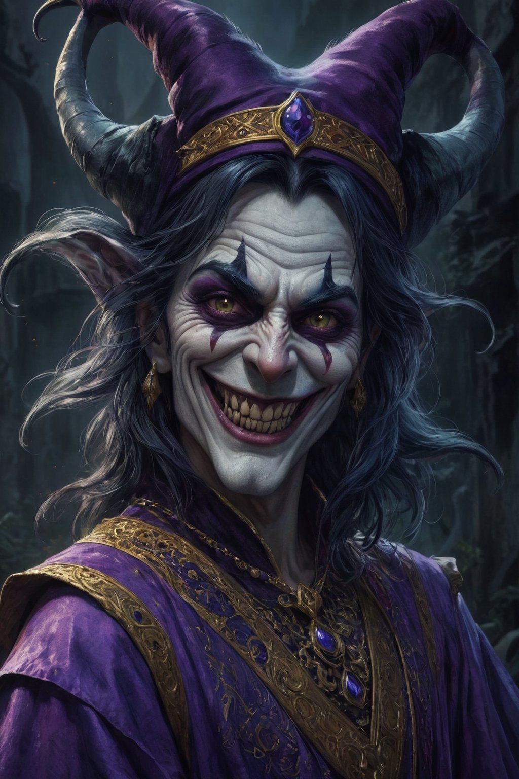 Generate hyper realistic image of a Persian  malevolent jester haunting the dreams of the sleepless, its nightmarish grin and distorted features evoking a sense of sinister mischief. The jester's attire should be adorned with eerie symbols, and its eyes should gleam with a malevolent gleefulness. Convey the maleficent whimsy as the jester of nightmares weaves terrors in the realm of dreams.