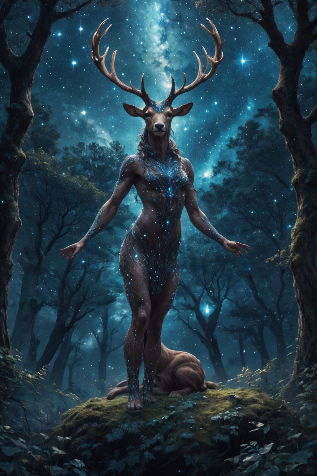 Generate hyper realistic image of a stardust faun with antlers adorned in cosmic constellations, standing as a Persian guardian at the threshold of a celestial grove. The faun's presence should exude a sense of cosmic protection, surrounded by the magic of the astral woodland.