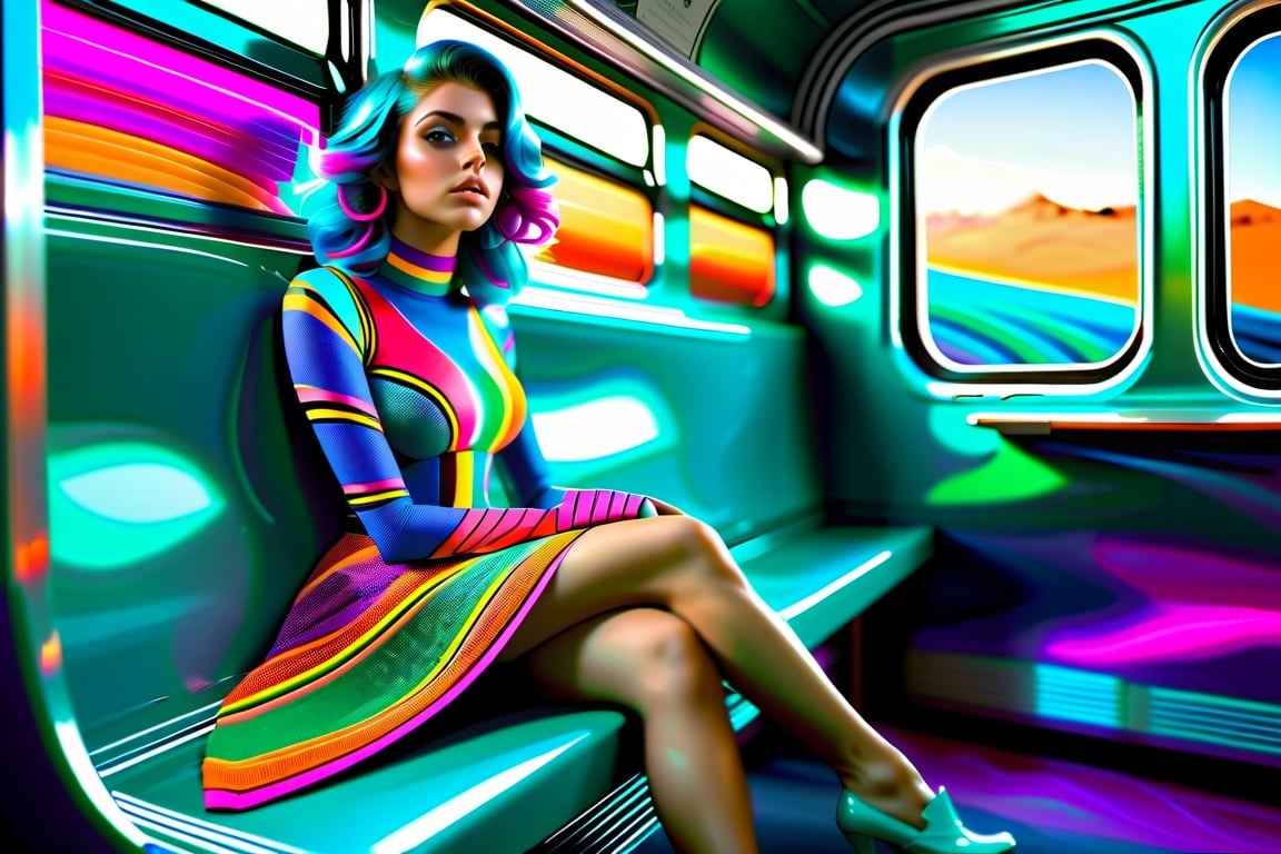 vivid, beautiful, colorful, Perisan color palete, a persian young girl is sitting on a train, her legs sticking out, in the style of futuristic psychedelia, swirling vortexes, Best quality, masterpiece, ultra high res, (photorealistic:1.4), raw photo, swirling vortexes, sculptural costumes, photorealistic scenes