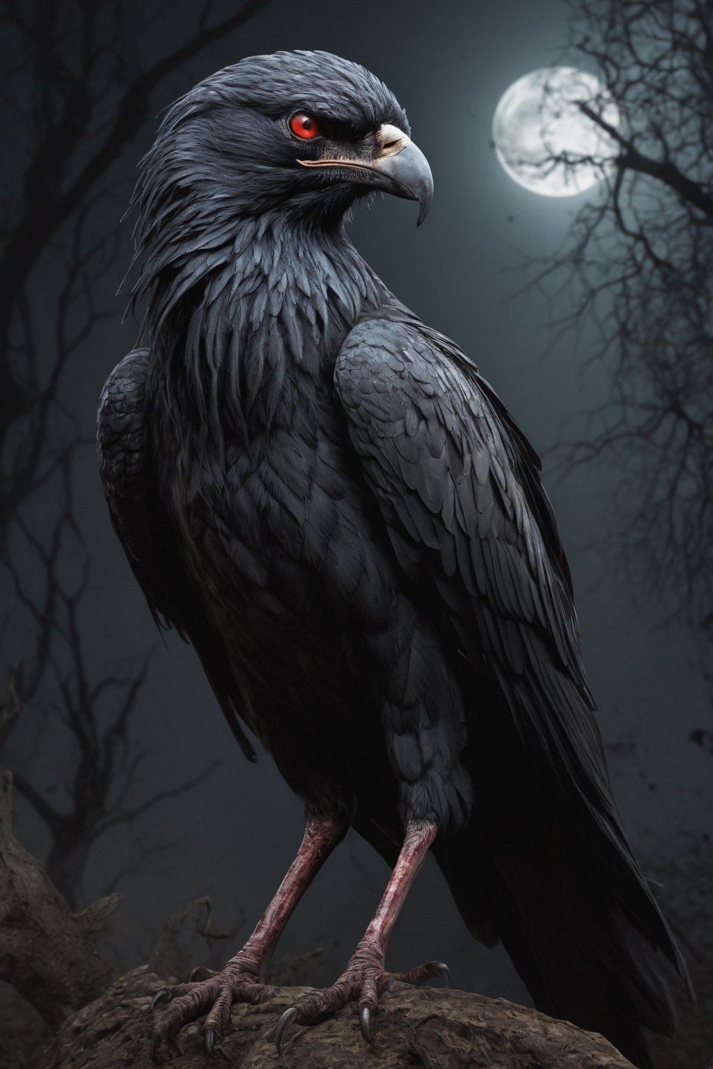 Generate hyper realistic image of a Persian  monstrous bird with tattered, ghostly feathers, blood-red eyes, and elongated beak and talons. Its haunting screeches send chills down the spine, and its wings cast shadows that seem to writhe. Set the scene in a moonlit graveyard, intensifying the supernatural horror of the cursed avian nightmare..