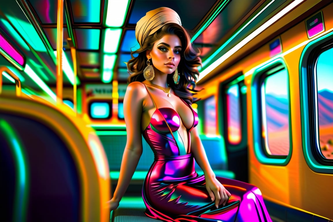 vivid, beautiful, colorful, Persian color palette, a young Persian girl is sitting on a train, her legs sticking out, in the style of futuristic psychedelia, swirling vortex, Best quality, masterpiece, ultra high res, (photorealistic:1.4), raw photo, swirling vortexes, sculptural costumes, photorealistic scenes, realistic, studio lights, sexy, slim waist, cute face, perfect figure, perfect busts, posing, highly detailed, best quality, raw photography, raw photo, detailed face, depth of field, realistic face, natural skin texture, porous skin, dark eye colors, black hair, extremely detailed, stunning, fine detail, dramatic lighting, natural shadow, high quality, high resolution, sharp focus, jewelry, earrings, necklace, Iran