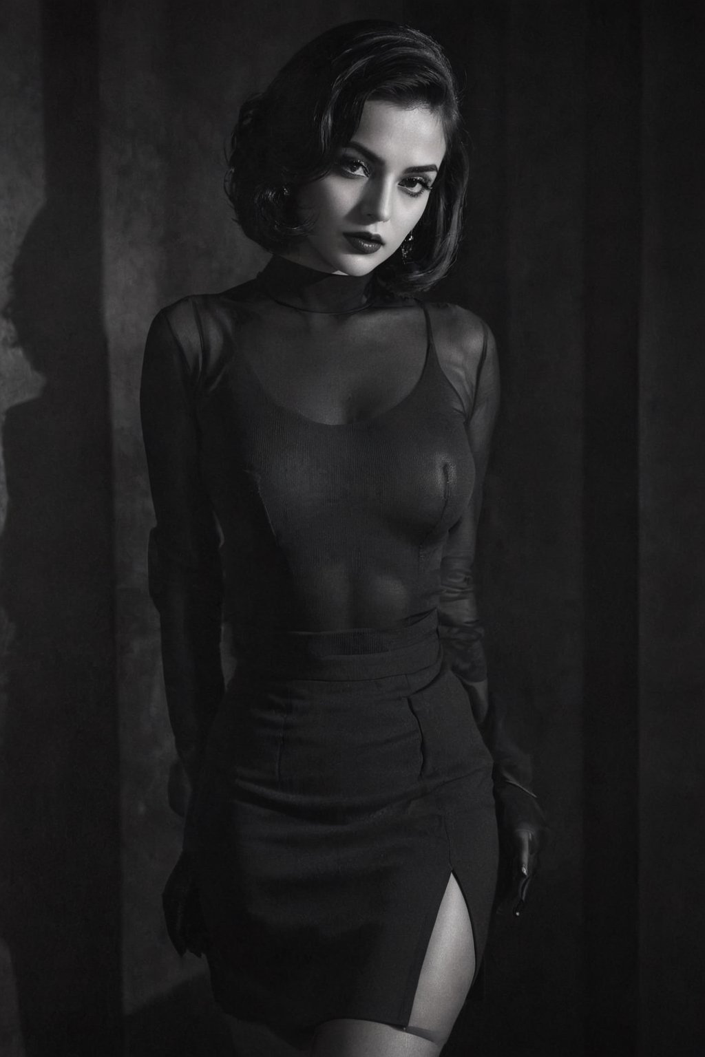 Generate hyper realistic image of a Persian woman embodying the cinematic allure of a film noir femme fatale, featuring a sleek, noir-inspired bob and mysterious dark eyes. She wears a noir-style short skirt with a fitted top, exuding the seductive charm of classic Hollywood. Set the scene in a dimly lit film noir setting with dramatic shadows and vintage aesthetics.up close, sexy, teasing , huge breast