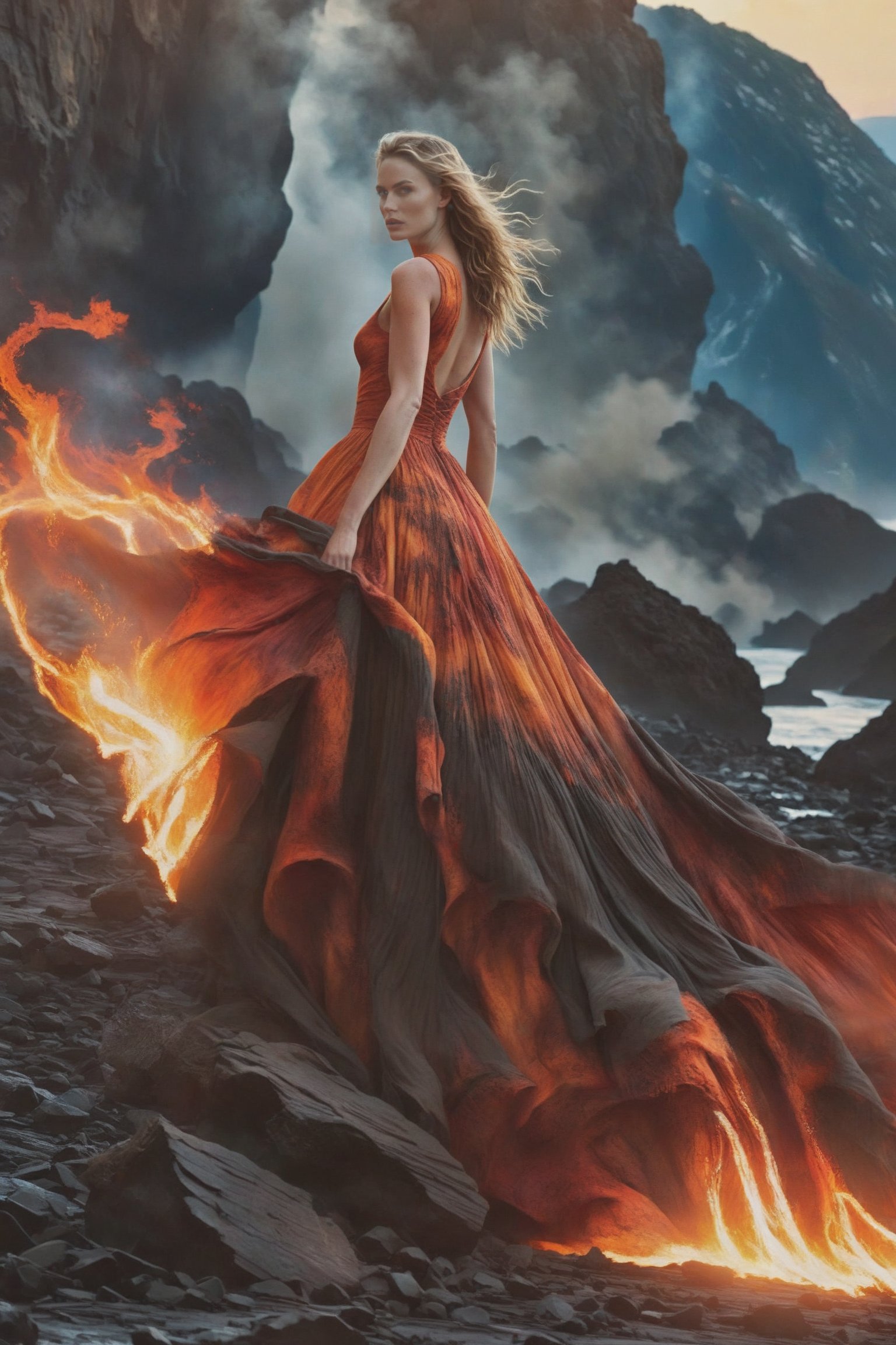 the masterpiece, concept art, best quality, fire moon, macro, sunlight, female, sexy, astoning, fantasy art, dynamic composition, dramatic lighting, epic realistic, award winning illustration, earth ( desolate, fire mountain range, fiery oranges and deep fire umbers dominate the landscape, wild foliage clashes with jagged rock formations, a deep dark red torrential river carves through the wilderness, eerie stillness permeates the atmosphere, every element meticulously rendered in high detail, style of Ash Thorp and Ian McQue. broken lava floor,)

thin shape body, most beautifull girl, perfect hands + feet+ face + arms + legs, complete hands + feet+ face + arms + legs, latin female perfect shape, astoning beautiful, sharpeniong lights + shadows, real skin texture, realistic skin, 

devilish seductive, flowing flow dress + hair, flowing flow ethereal fire dress , 