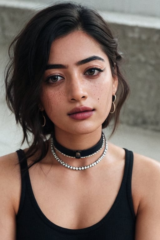 Take a photo of a woman with medium hair, wearing a tank top and a stylish collar or choker accessory, showcasing her freckles and a small, intriguing tattoo on her arm. The woman should have a slight smirk on her face, and her detailed face, especially her detailed nose, should be the focal point of the image. Use the rule of thirds composition to frame her face beautifully, and enhance the photo with dramatic lighting to add depth and intensity. Place the woman against an intricate background that complements her personality and adds to the overall story of the photograph.",lalisamanoban,rashmika 