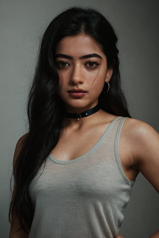 Take a photo of a woman with medium hair, wearing a tank top and a stylish collar or choker accessory, showcasing her freckles and a small, intriguing tattoo on her arm. The woman should have a slight smirk on her face, and her detailed face, especially her detailed nose, should be the focal point of the image. Use the rule of thirds composition to frame her face beautifully, and enhance the photo with dramatic lighting to add depth and intensity. Place the woman against an intricate background that complements her personality and adds to the overall story of the photograph.",lalisamanoban,rashmika 