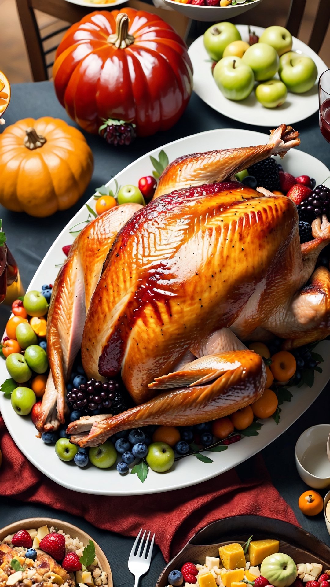 huge Thanksgiving turkey,  surrounded by abundant food and fruit by FridaUnibrow on Tensor.Art