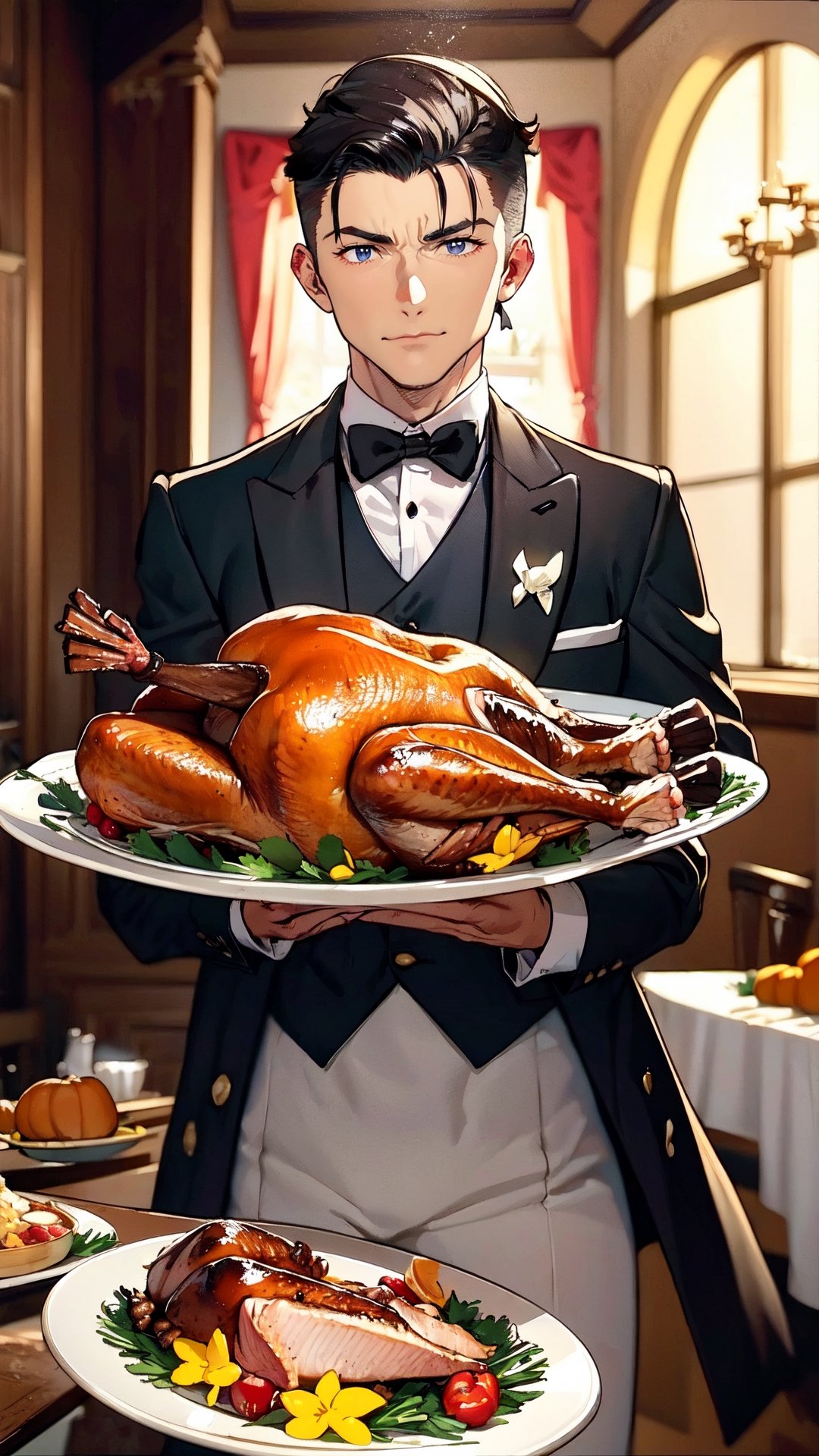 butler carries a plate of Thanksgiving turkey by FridaUnibrow on Tensor.Art