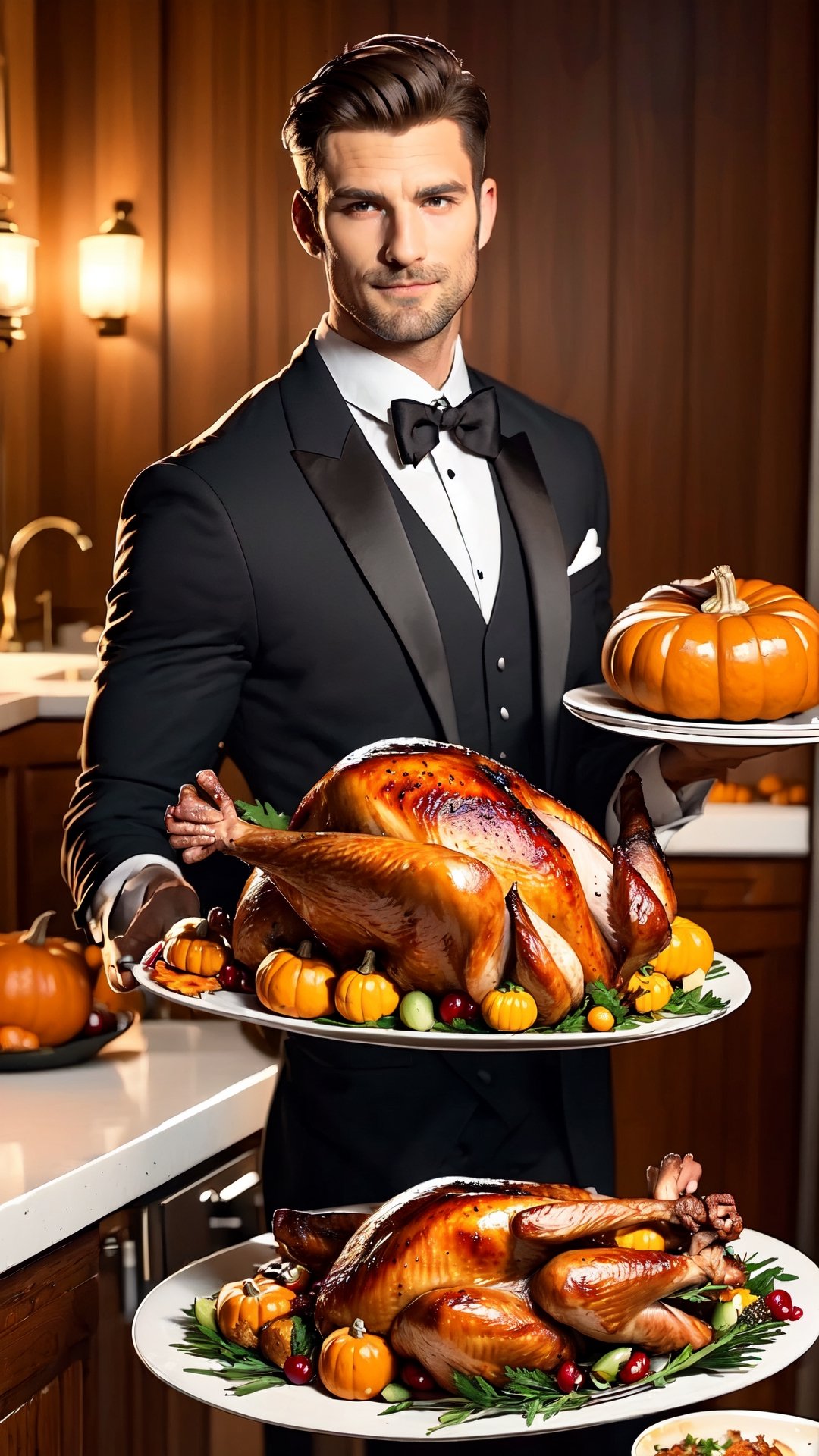 butler carries a plate of Thanksgiving turkey by FridaUnibrow on Tensor.Art