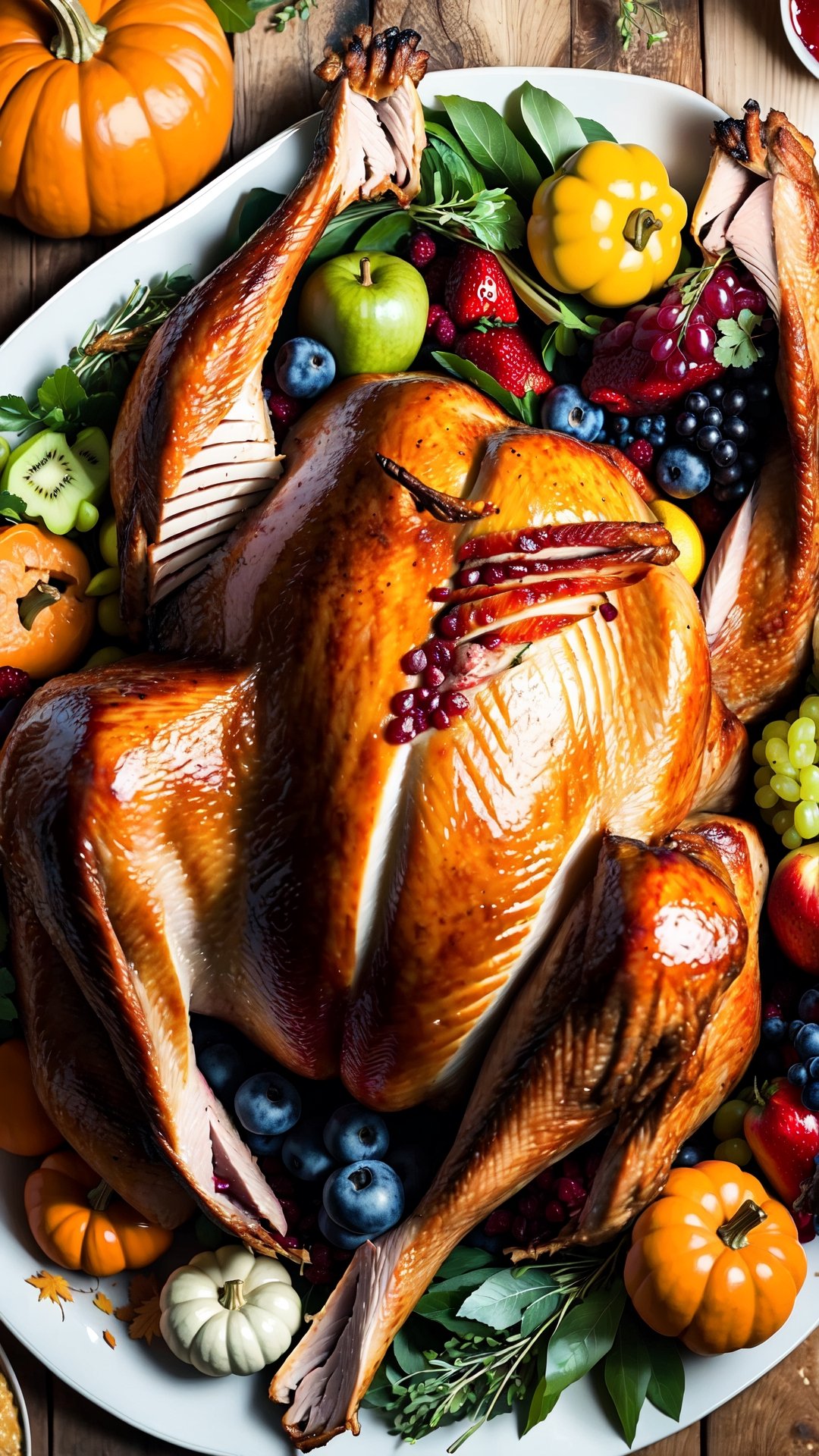 huge Thanksgiving turkey,  surrounded by abundant food and fruit by FridaUnibrow on Tensor.Art