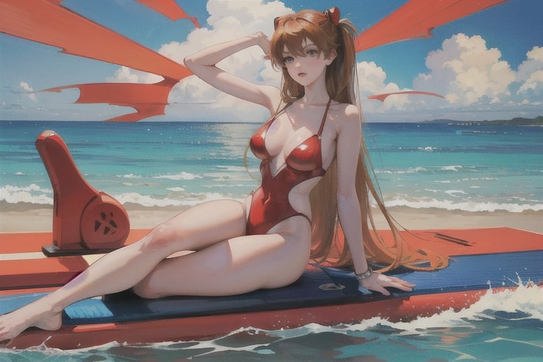 asuka langley soryu sitting on surfboard, dawn light, 1980 1990 anime retro nostalgia, bluest water, masterpiece, ultimate details, -style expressive --niji 5 
